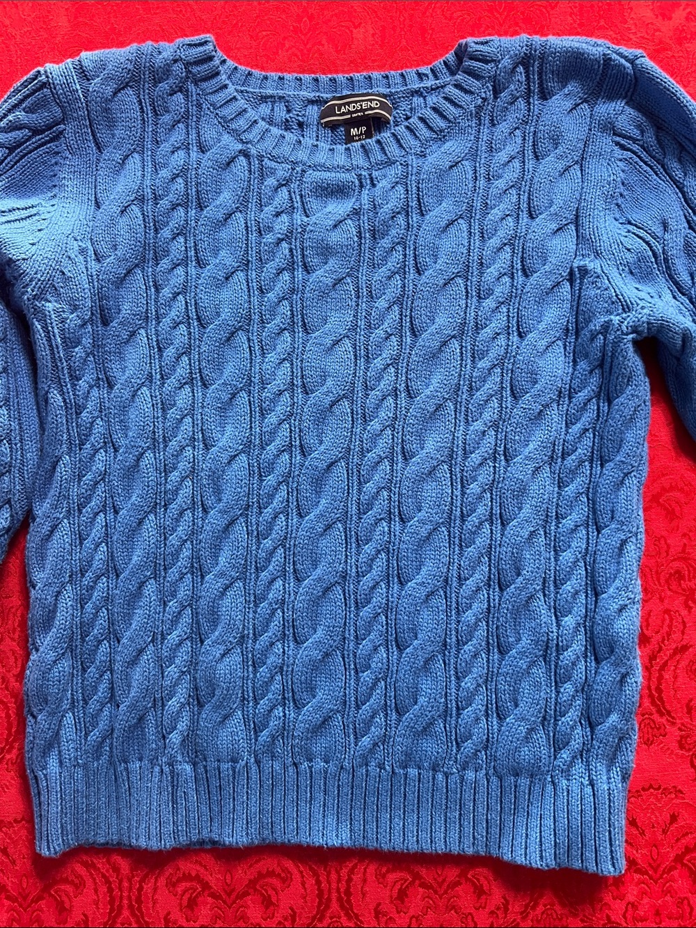 Lands’ End Women’s M Petite Bright Blue Cable Knit Crewneck Sweater Cotton Blend